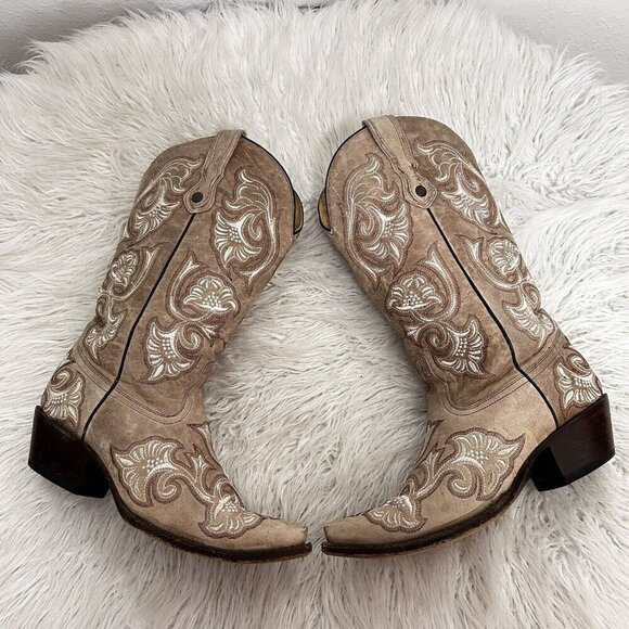Corral Floral Full Stitched Cowboy Boots Beige Pull On Pointed Toe Leather 9.5 B - Picture 3 of 12